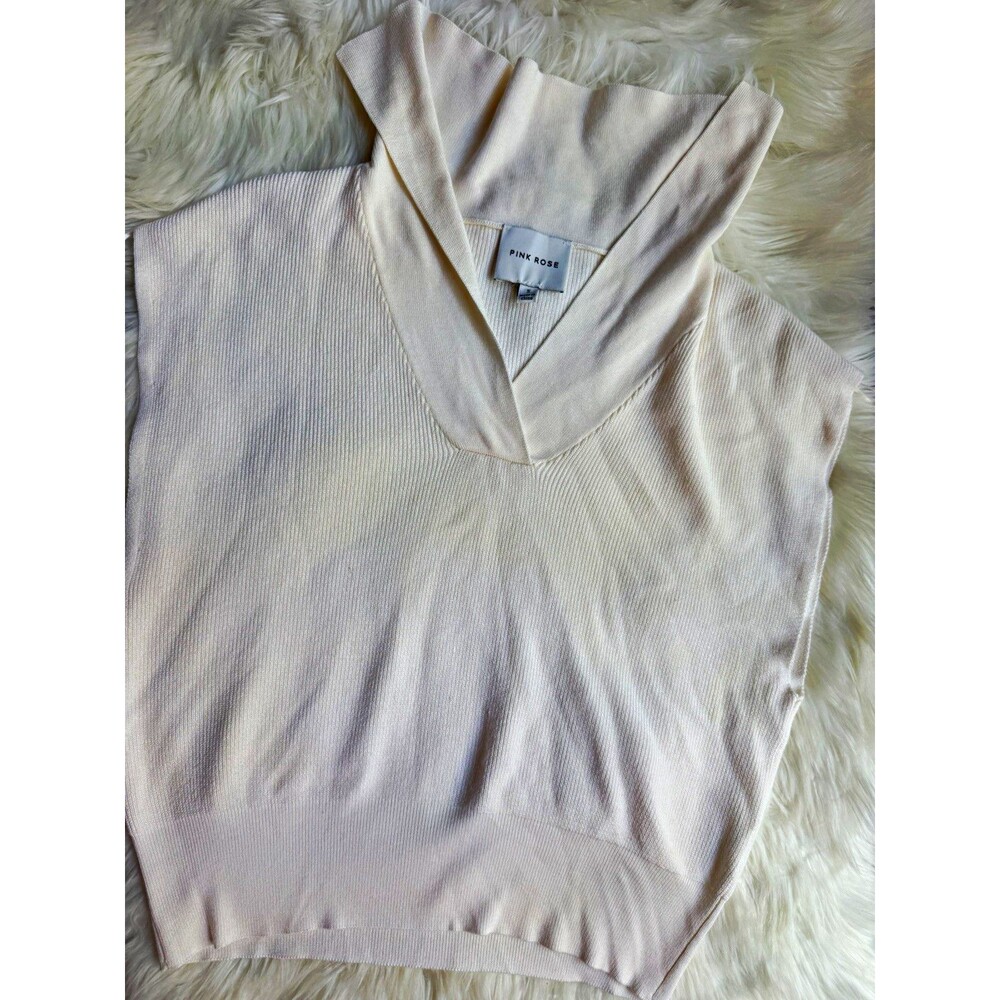 Pink Rose Sweater Vest Womens S Ivory Knit Sleeveless Collared V-Neck Solid